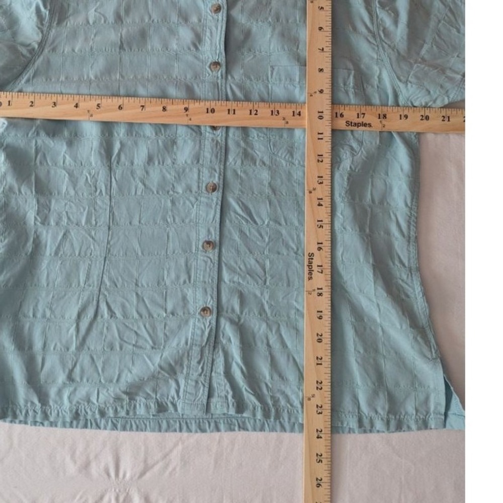 Light Blue Textured Windowpane Grid Short Sleeve Button Up Shirt Womens Sz L - Picture 6 of 6